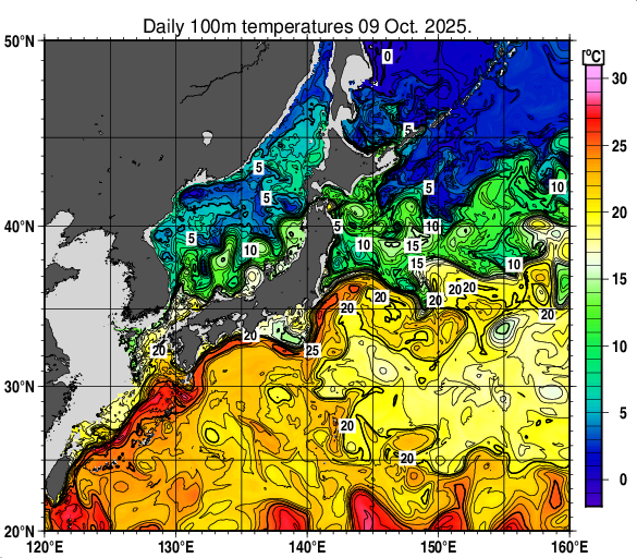 日本近海の深さ100mの水温分布図(10月9日)