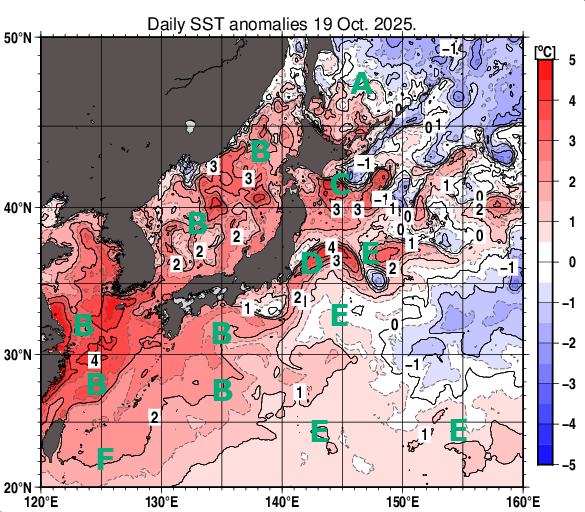 日本近海の海面水温平年差分布図（10月19日）
