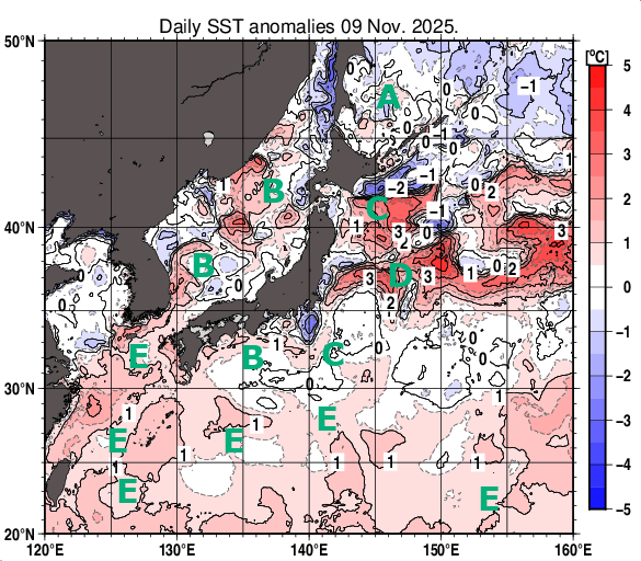 日本近海の海面水温平年差分布図（11月9日）