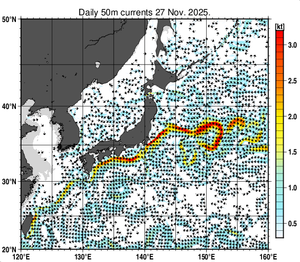 日本近海の深さ50mの海流分布図（11月27日）