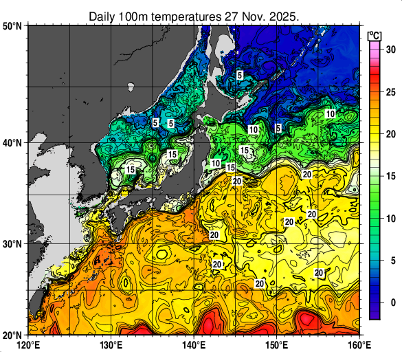 日本近海の深さ100mの水温分布図（11月27日）