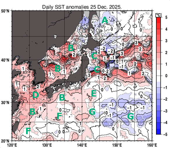 日本近海の海面水温平年差分布図（12月25日）