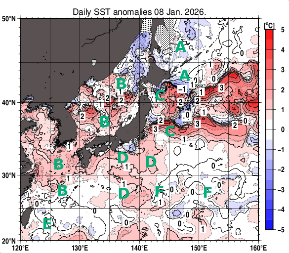 日本近海の海面水温平年差分布図（1月8日）