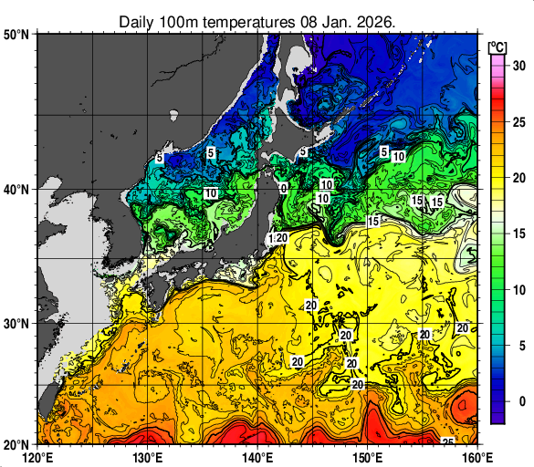 日本近海の深さ100mの水温分布図（1月8日）