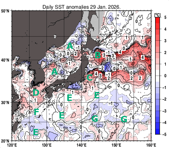 日本近海の海面水温平年差分布図（1月29日）