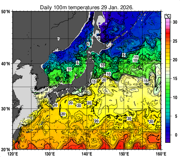 日本近海の深さ100mの水温分布図（1月29日）