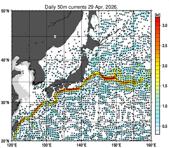 日本近海の深さ50mの海流分布図（4月29日）