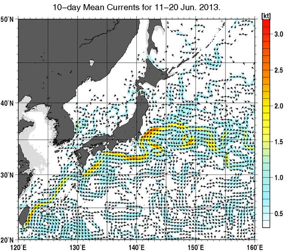 日本近海の深さ50mの旬平均海流分布図（2013年6月中旬）