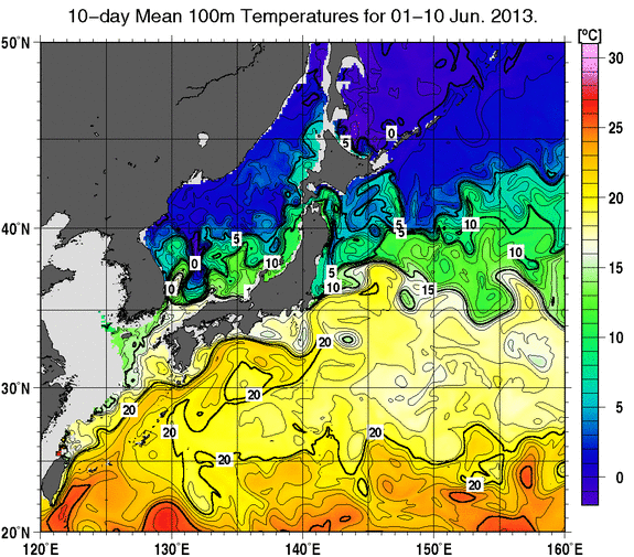 日本近海の深さ100mの旬平均水温分布図（2013年6月上旬）