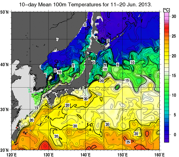 日本近海の深さ100mの旬平均水温分布図（2013年6月中旬）