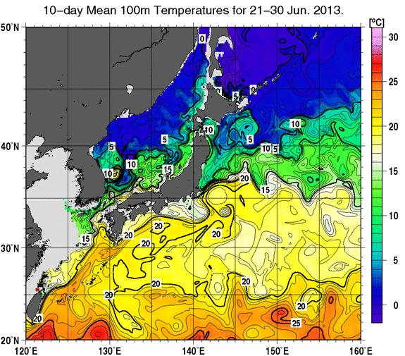 日本近海の深さ100mの旬平均水温分布図（2013年6月下旬）