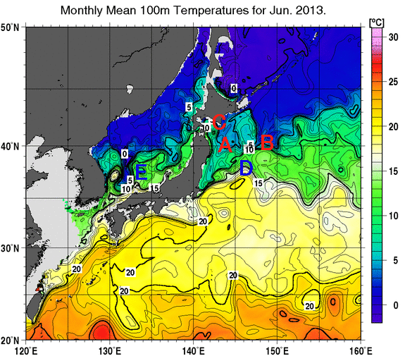 日本近海の深さ100mの月平均水温分布図（2013年6月）