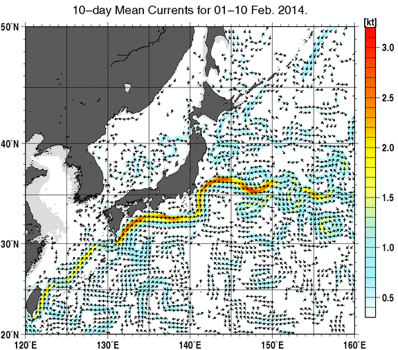 日本近海の深さ50mの旬平均海流分布図（2014年2月上旬）