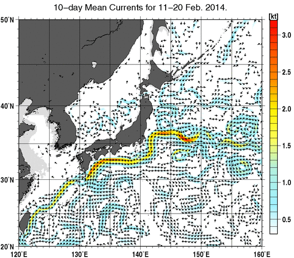 日本近海の深さ50mの旬平均海流分布図（2014年2月中旬）