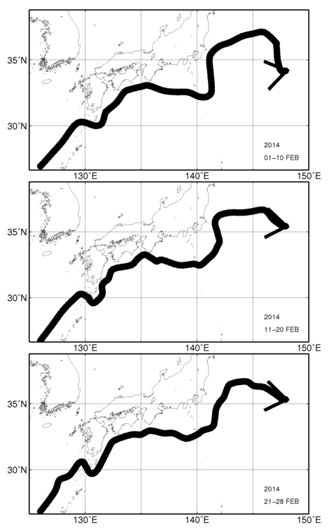 旬別黒潮流軸図（上段：2014年2月上旬、中段：2月中旬、下段：2月下旬）