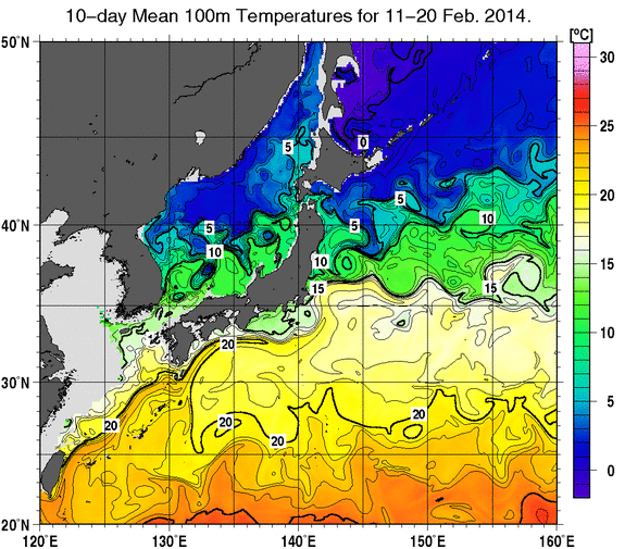 日本近海の深さ100mの旬平均水温分布図（2014年2月中旬）