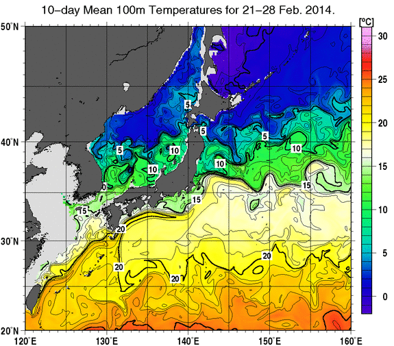 日本近海の深さ100mの旬平均水温分布図（2014年2月下旬）