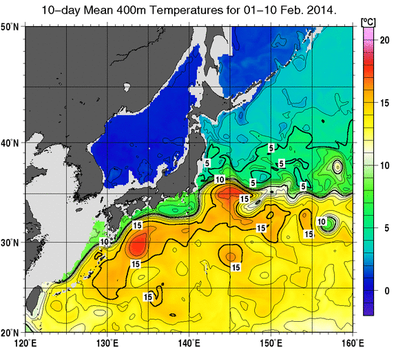 日本近海の深さ400mの旬平均水温分布図（2014年2月上旬）