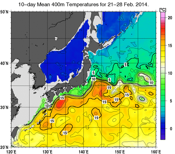 日本近海の深さ400mの旬平均水温分布図（2014年2月下旬）