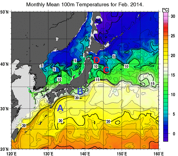 日本近海の深さ100mの月平均水温分布図（2014年2月）