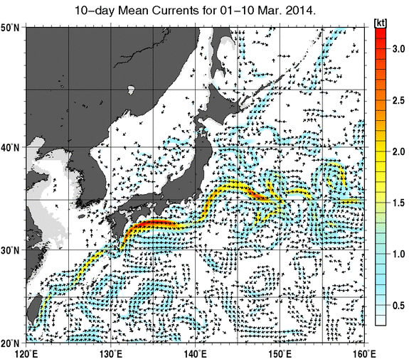 日本近海の深さ50mの旬平均海流分布図（2014年3月上旬）