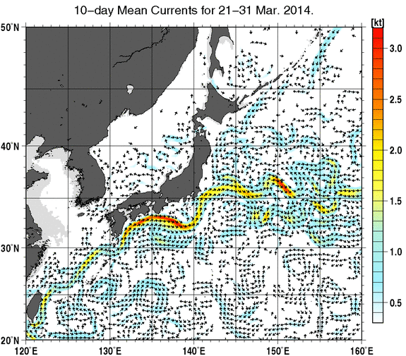 日本近海の深さ50mの旬平均海流分布図（2014年3月下旬）
