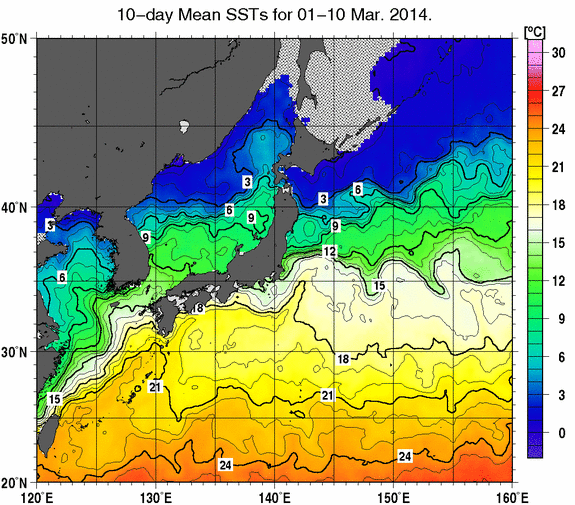 日本近海の旬平均海面水温分布図（2014年3月上旬）