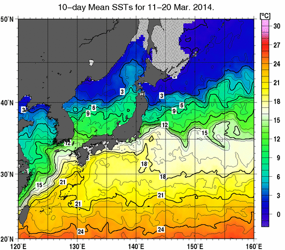 日本近海の旬平均海面水温分布図（2014年3月中旬）