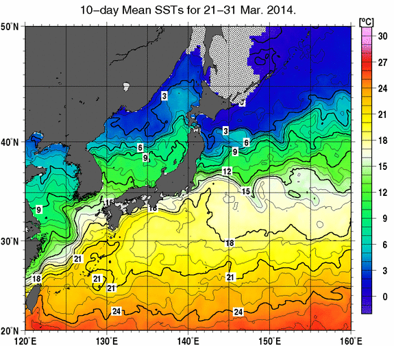 日本近海の旬平均海面水温分布図（2014年3月下旬）