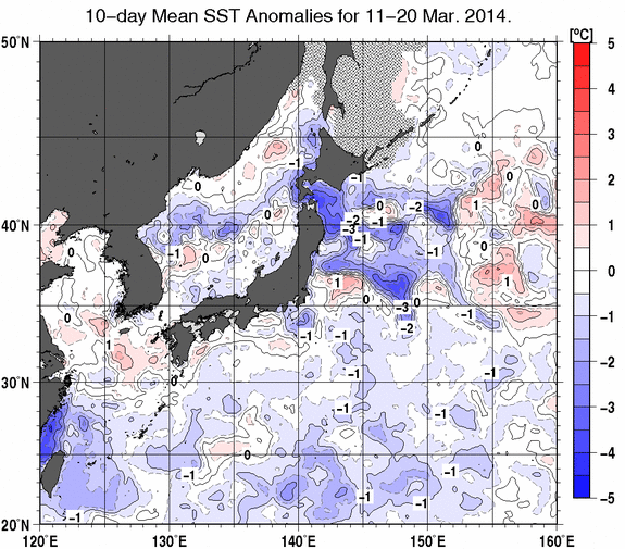日本近海の旬平均海面水温平年差分布図（2014年3月中旬）