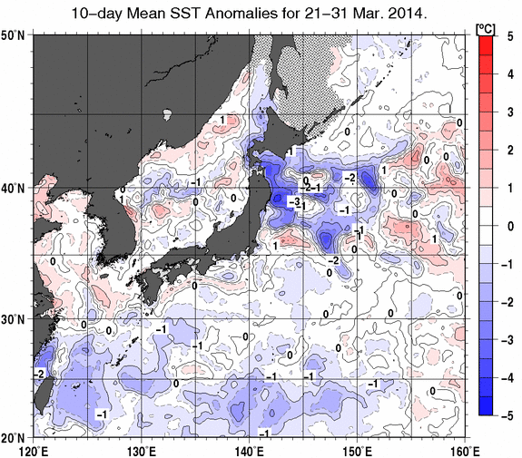 日本近海の旬平均海面水温平年差分布図（2014年3月下旬）