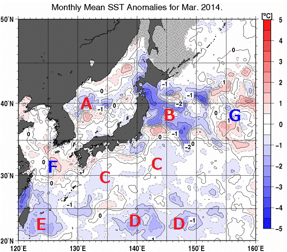 日本近海の月平均海面水温平年差分布図（2014年3月）