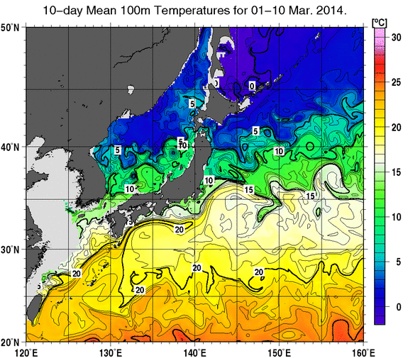 日本近海の深さ100mの旬平均水温分布図（2014年3月上旬）