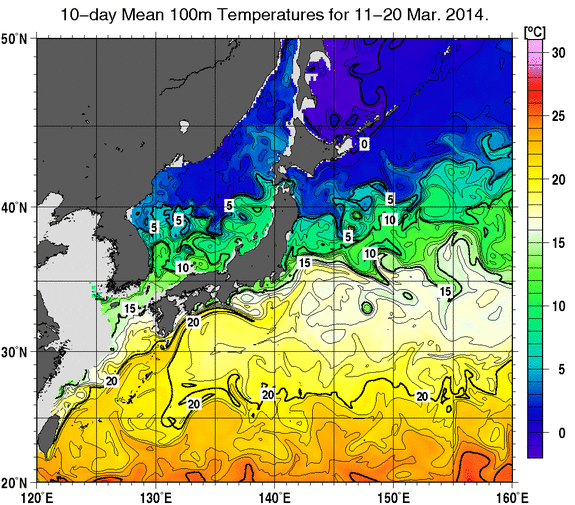 日本近海の深さ100mの旬平均水温分布図（2014年3月中旬）