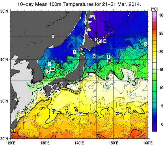日本近海の深さ100mの旬平均水温分布図（2014年3月下旬）