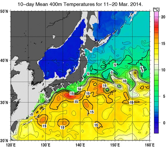 日本近海の深さ400mの旬平均水温分布図（2014年3月中旬）