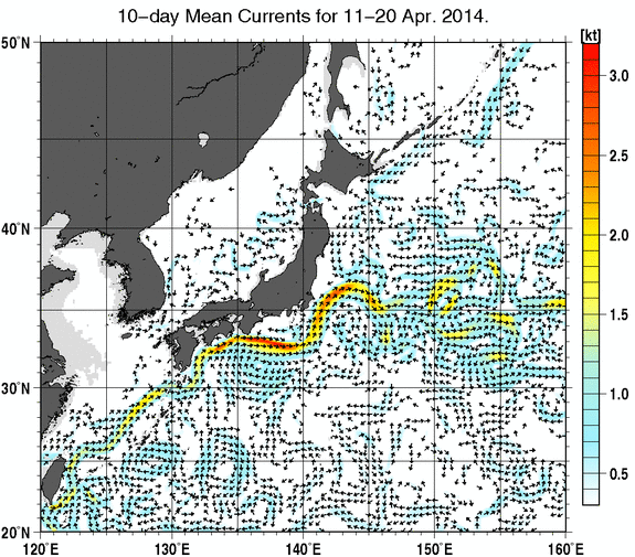 日本近海の深さ50mの旬平均海流分布図（2014年4月中旬）