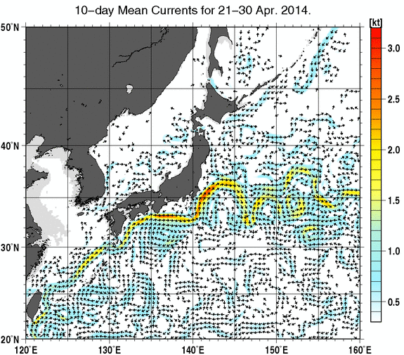 日本近海の深さ50mの旬平均海流分布図（2014年4月下旬）