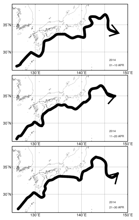 旬別黒潮流軸図（上段：2014年4月上旬、中段：4月中旬、下段：4月下旬）