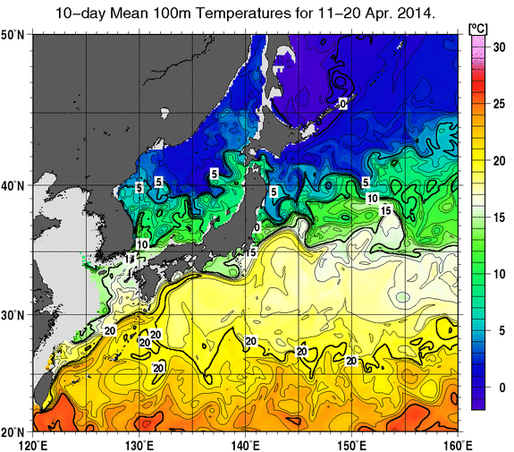 日本近海の深さ100mの旬平均水温分布図（2014年4月中旬）