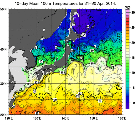 日本近海の深さ100mの旬平均水温分布図（2014年4月下旬）