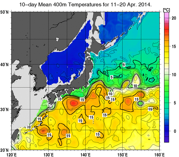 日本近海の深さ400mの旬平均水温分布図（2014年4月中旬）