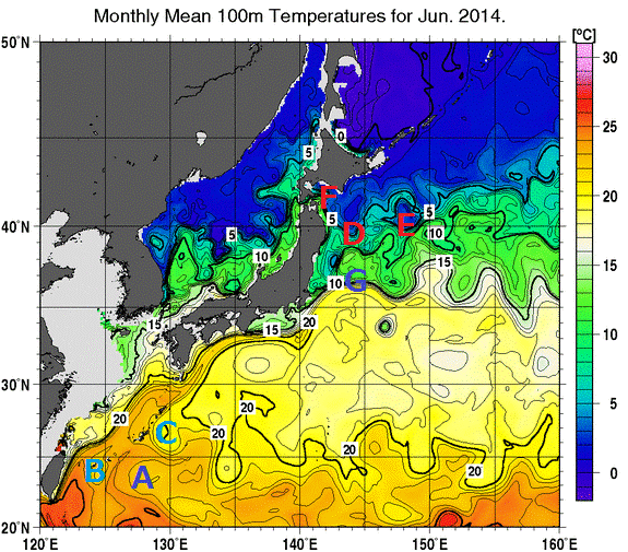 日本近海の深さ100mの月平均水温分布図（2014年6月）