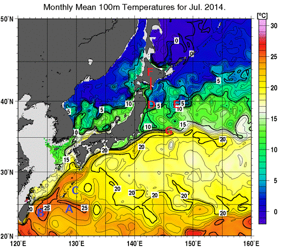 日本近海の深さ100mの月平均水温分布図（2014年7月）