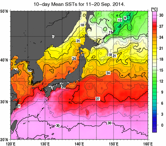 日本近海の旬平均海面水温分布図（2014年9月中旬）