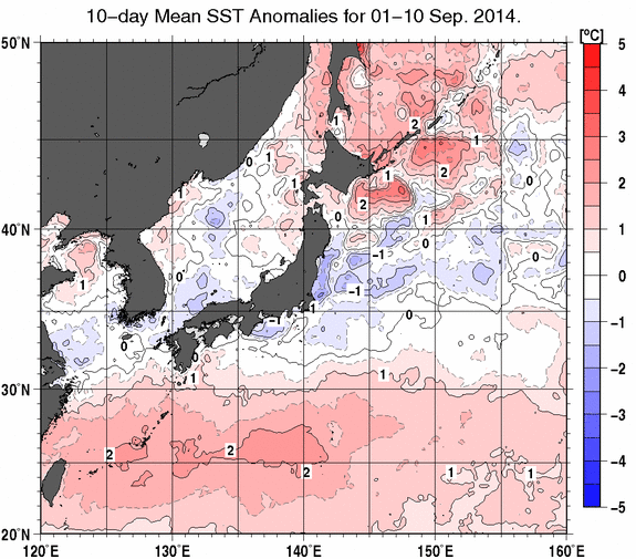 日本近海の旬平均海面水温平年差分布図（2014年9月上旬）