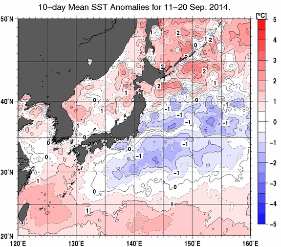 日本近海の旬平均海面水温平年差分布図（2014年9月中旬）