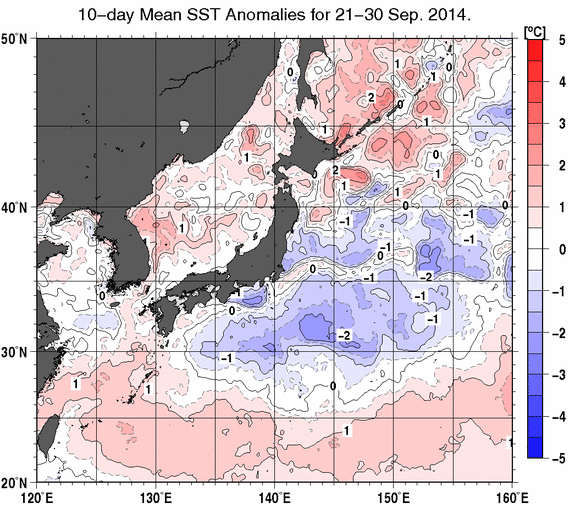 日本近海の旬平均海面水温平年差分布図（2014年9月下旬）