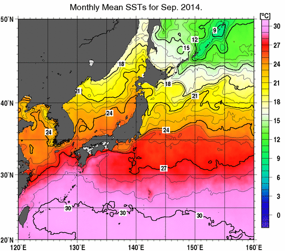 日本近海の月平均海面水温分布図（2014年9月）