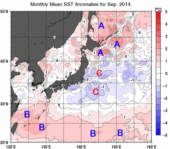日本近海の月平均海面水温平年差分布図（2014年9月）